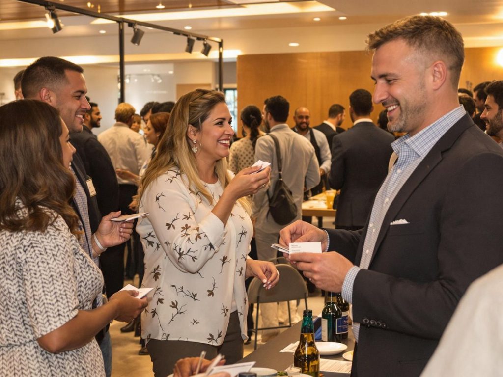 Eveniment de networking cu persoane discutând și conectându-se.