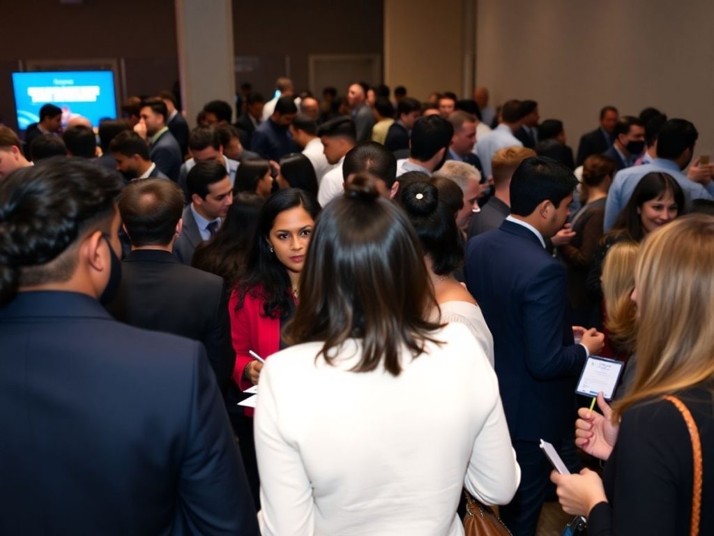 Eveniment de networking profesional cu oameni care discută.