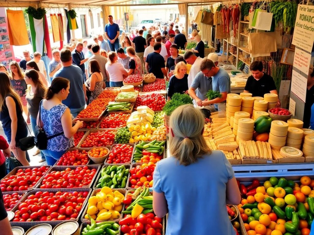 Produse locale proaspete pe o tarabă tradițională românească.