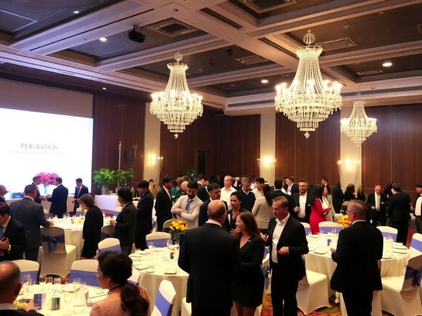 Eveniment corporate elegant cu participanti si decoratiuni rafinate.
