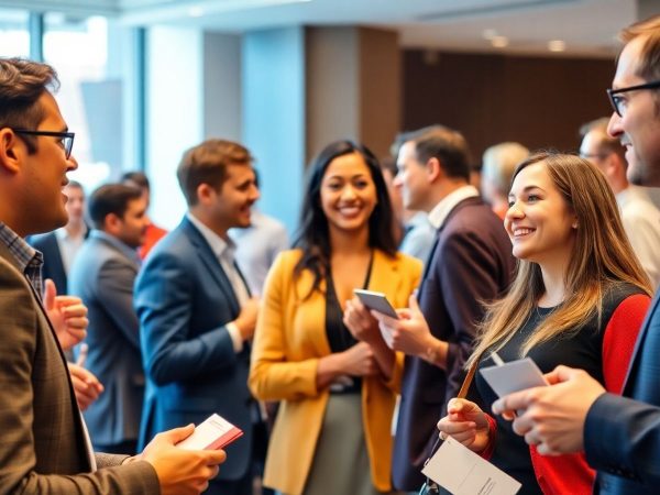 Oameni în conversație la un eveniment de networking.