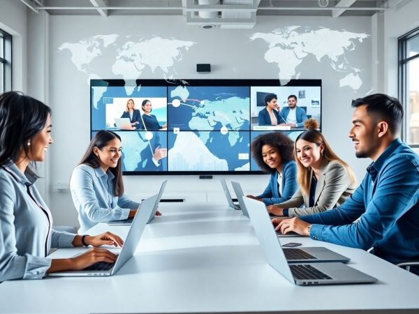 Grup divers de profesioniști într-o întâlnire online.
