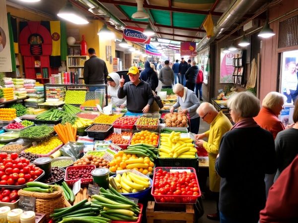 Târg de produse proaspete în România, plin de viață.
