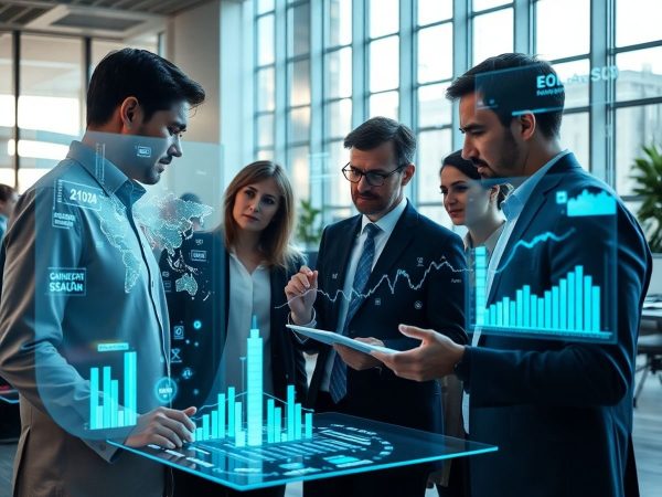 Oameni de știință economici interacționând cu instrumente analitice.